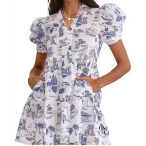 entro White Mini Dress with Blue Scenic Print and Puff Sleeves
